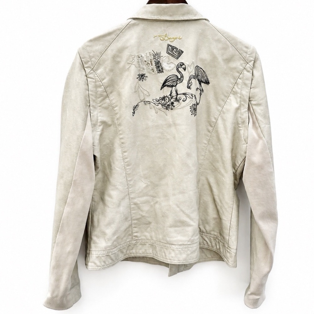 Desigual Faux Leather Biker Jacket Removable Sleeves‎ And Collar Embroidered XL